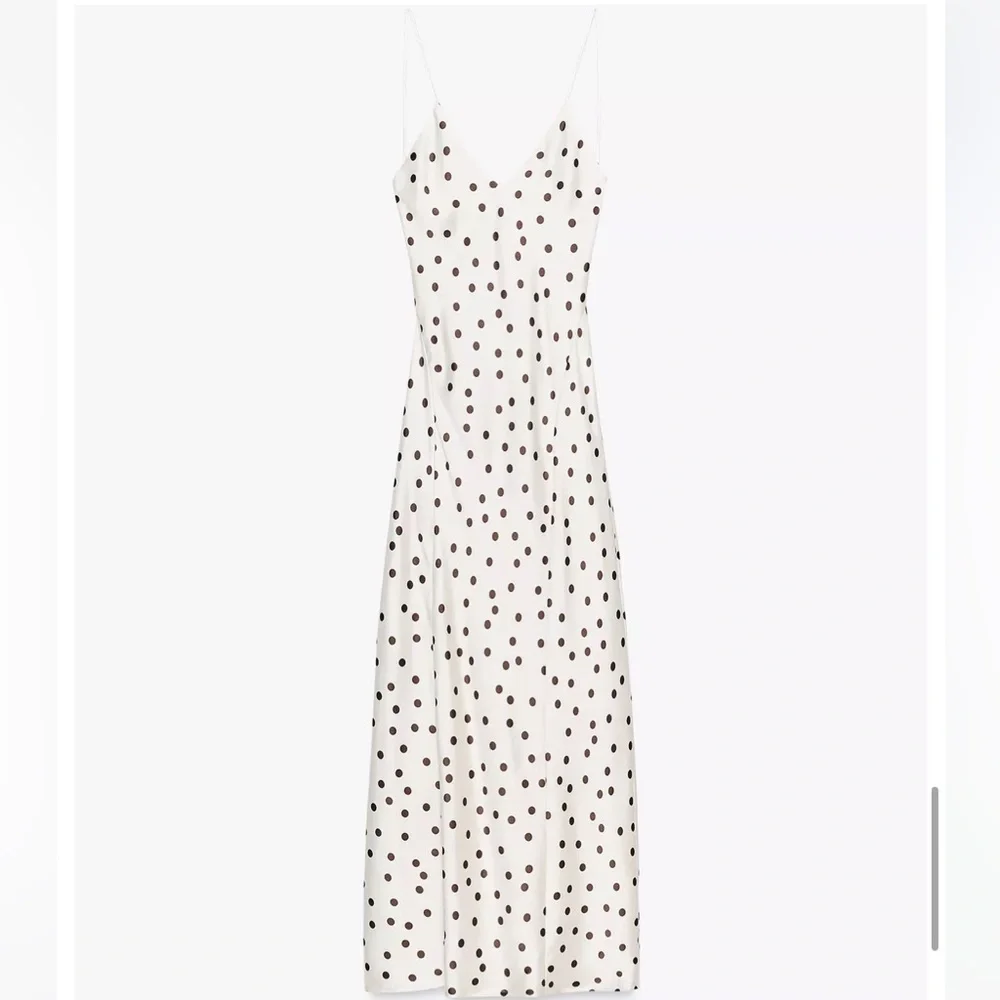 Zara NWT satin polka dot midi dress white with brown 3067/214 - Picture 12 of 16